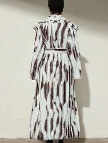 Aveloria Modichic Beige Long Sleeve Tie-Waist Long Faux Fur Coat, Elegant & Luxurious Style, Suitable For Evening Parties