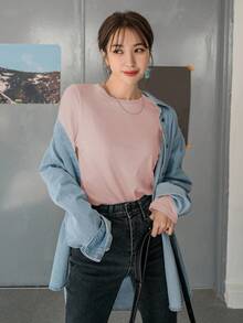 DAZY Women's Fitted Solid Color Round Neck Long Sleeve Base Layer T-Shirt - Pink - View 5