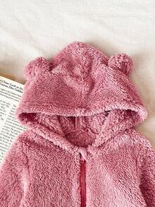 SHEIN 婴儿毛绒小熊连帽连体衣，秋冬季婴儿连体衣 - 粉色 - 查看 4