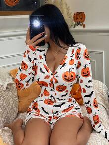 ZzzCrew Halloween Pumpkin & Bat Print Long Sleeve Button-Front Jumpsuit