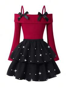 Sparklyn Tween Girls' Fashion Elegant T-Shirt Set, White Knit Top Paired With Black Woven Cake Skirt, Top Decorated With Black Bow, Skirt Embellished With Beads - Red - View 3