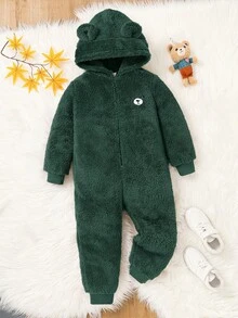 SHEIN 儿童男童休闲可爱熊刺绣卡通帽款毛绒长袖连体裤，适合上学、花园、海滩、生日、春季、夏季、秋季、冬季 - 墨綠色 - 查看 4
