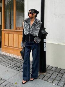 Muchica 女式时尚街头风格黑色仿皮草拉链长袖夹克，秋冬 - 黑色 - 查看 4