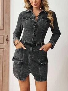 EMERY ROSE Women's Denim Dress For Daily Wear - Dark Grey - View 4