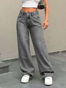 EURMUSE Low Waist Button Detailed Snow Wash Straight Cut Jean - Grey - View 5