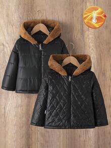 SHEIN Young Girls Black Reversible Zipper Hooded Collar Casual Padded Coat, Winter - Black - View 4