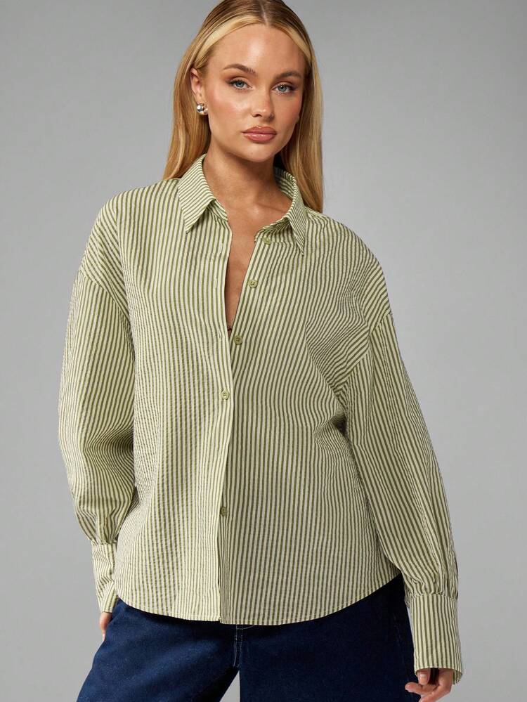 MISSGUIDED Oversized Button Down Long Sleeve Striped Cotton Linen Feel Shirt With Tie Back Design Casual Weekend Collared Blouse Fall Spring Fashion