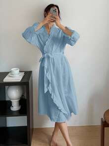 DAZY 浪漫荷叶边长款裹身睡袍，舒适保暖 - 藍色 - 查看 5