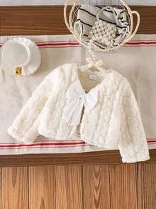 Baby Girls' Milky White Long Sleeve Fluffy Bow Cardigan Jacket, Elegant Style, Versatile For Spring & Autumn - White - View 3
