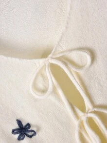 CosyJoli 大码女式花卉图案落肩宽松前系带开衫，秋冬休闲通勤装 - 杏色 - 查看 3