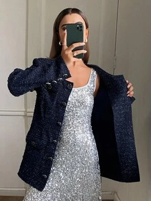 DAZY Women's Elegant Commuting & Party Tweed Jacket Women Coats - Navy Blue - View 7