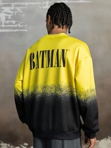 BATMAN X SHEIN Men's Casual Contrast Color Bat Letter Graphic Crew Neck Sweatshirt, Autumn, Long Sleeve Top