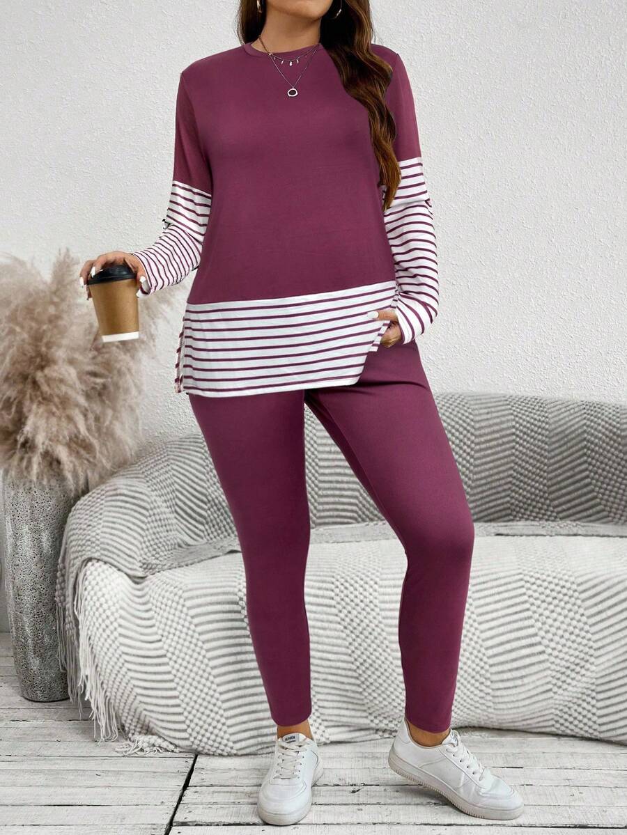 SHEIN LUNE 大码女式两件套,条纹拼色圆领长袖上衣和纯色裤子女士服装套装机场女士服装秋季服装套装旅行装机场 - 藕粉色 - 查看 1