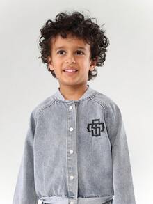 SUMWON Kids Denim Bomber Jacket Light Wash Retro Style Classic Outwear Ribbed Elastic Casual Streetwear Winter Spring Fall Daily Wear Youth Fashion - Blue - View 4