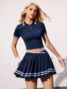 CourtClass Women's Contrast Trim Cropped Top And Pleated Mini Skirt Sports Set - Multicolor - View 3