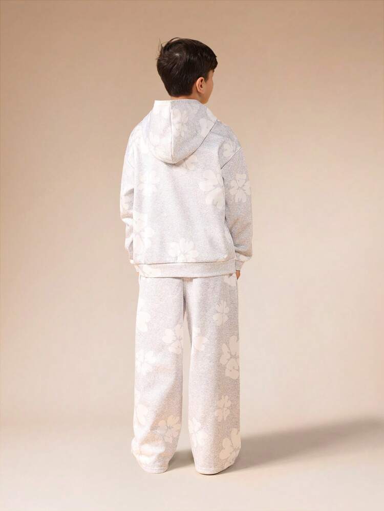 Conjunto de sudadera con capucha y pantalones deportivos de pierna ancha con estampado floral