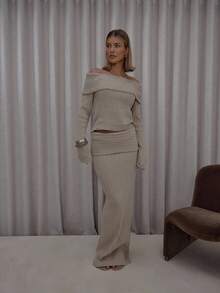 MUSERA 翻边厚针织罗纹修身长裙套装（仅下装）街头风优雅休闲性感外出太妃糖色晚宴派对优雅 - 卡其色 - 查看 6