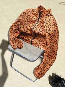 ROMWE MEN Street Life Chaqueta con cuello alto con estampado de leopardo para hombre, adecuada para otoño/invierno - Marrón - Ver 4