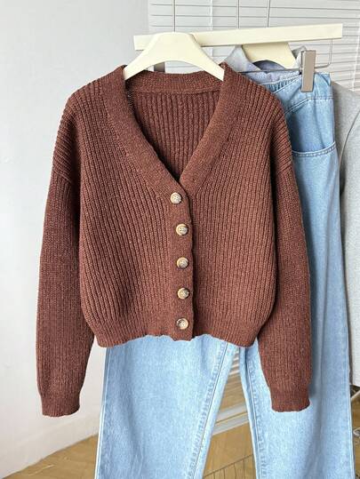 Tween Girl Solid Color Drop Shoulder Long Sleeve Single-Breasted Casual Knit Cardigan, Autumn/Winter Cardigans Cardigan Casual Brown Cardigan Sweater Cardigan