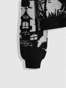 ROMWE Áo len dệt kim cổ lọ họa tiết mèo đen phong cách Halloween Gothic tương phản cổ điển dành cho nữ - màu đen - Xem 4