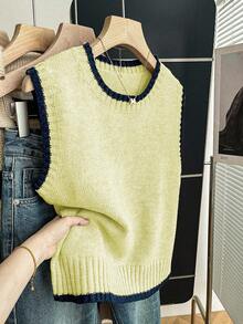 Franclia Áo len dệt kim cổ tròn không tay, dáng rộng, màu kaki tương phản, dành cho nữ, mùa xuân/thu - Vàng nhạt - Xem 1