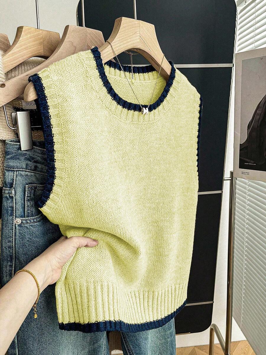 Franclia Áo len dệt kim cổ tròn không tay, dáng rộng, màu kaki tương phản, dành cho nữ, mùa xuân/thu - Vàng nhạt - Xem 1