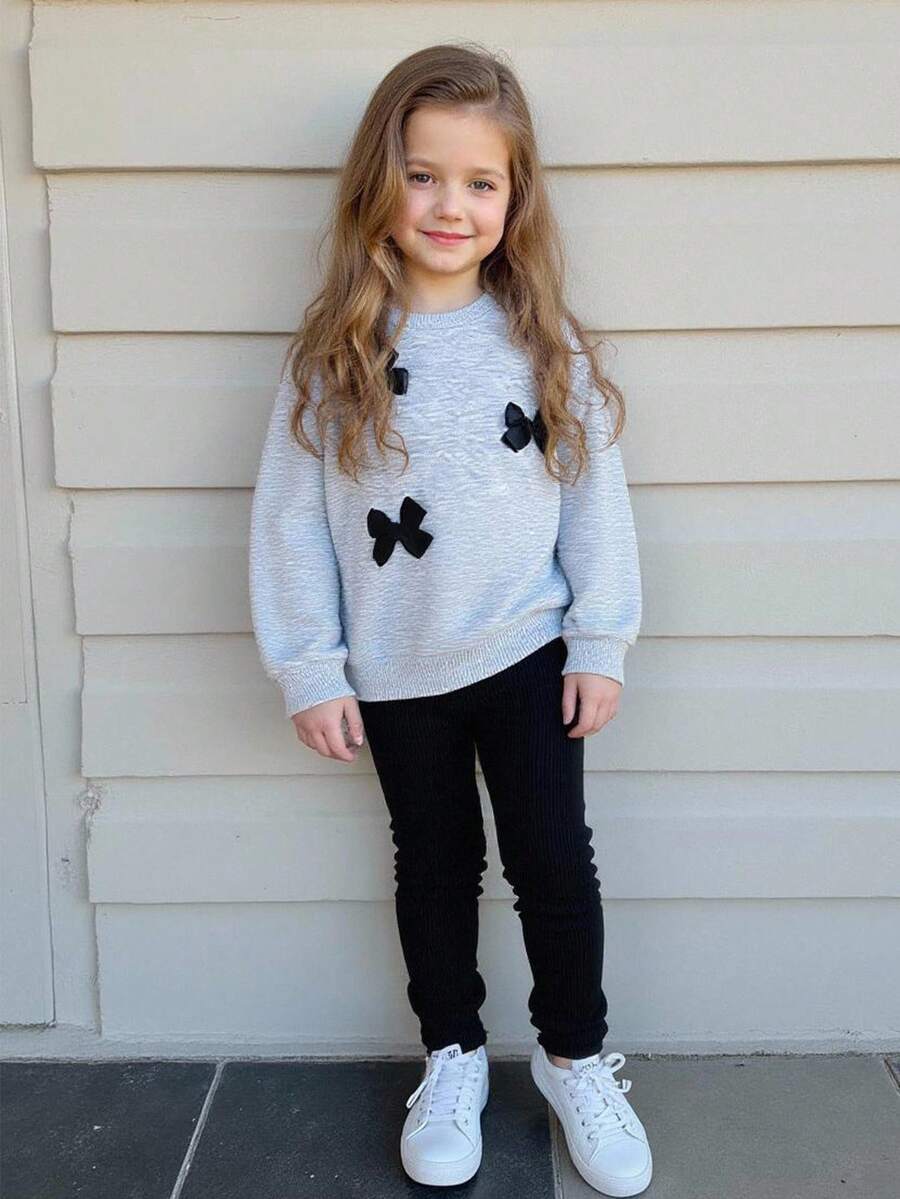 Playful Pals 2pcs/Set Young Girl' Casual Apricot Round Neck Sweatshirt And Ribbed Leggings Set, Suitable For Autumn/Winter Wear, Daily, Party And Photo Shoot