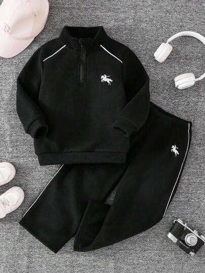 2 件套幼儿女童针织羊毛衫，半开领，侧面撞色饰边和刺绣设计，裤子套装，适合秋冬季