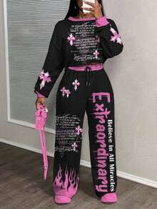 Slaydiva 女士秋装/女士冬装/Y2K 服饰/街头潮流/女士两件套/返校季/休闲街头/嘻哈风/宗教信仰/基督/十字架与火焰图案 - 彩色 - 查看 1