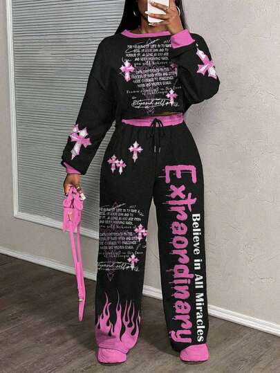 Slaydiva Setup Autumn Winter Women/Black 2 Piece Set/Kpop Clothes/Going Out Top2pcs/Fall Clothes For Women/Winter Clothes For Women/Y2k Clothes/Streetwear/Two Pieces Set Women/Back To School/Casual Street/Fit For Hip Hop/Religious Beliefs/Christ/Cross & Flame Graphic