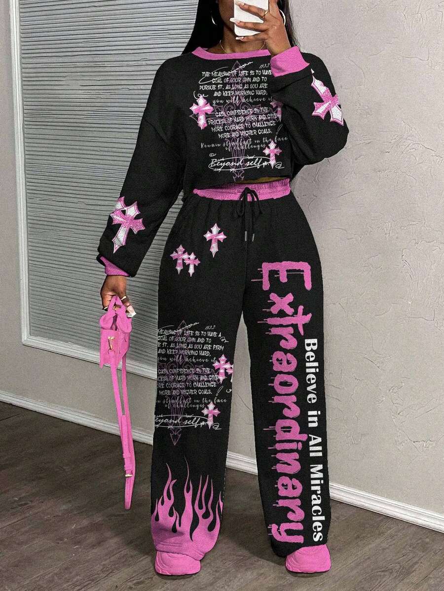 Slaydiva 女士秋装/女士冬装/Y2K 服饰/街头潮流/女士两件套/返校季/休闲街头/嘻哈风/宗教信仰/基督/十字架与火焰图案 - 彩色 - 查看 1