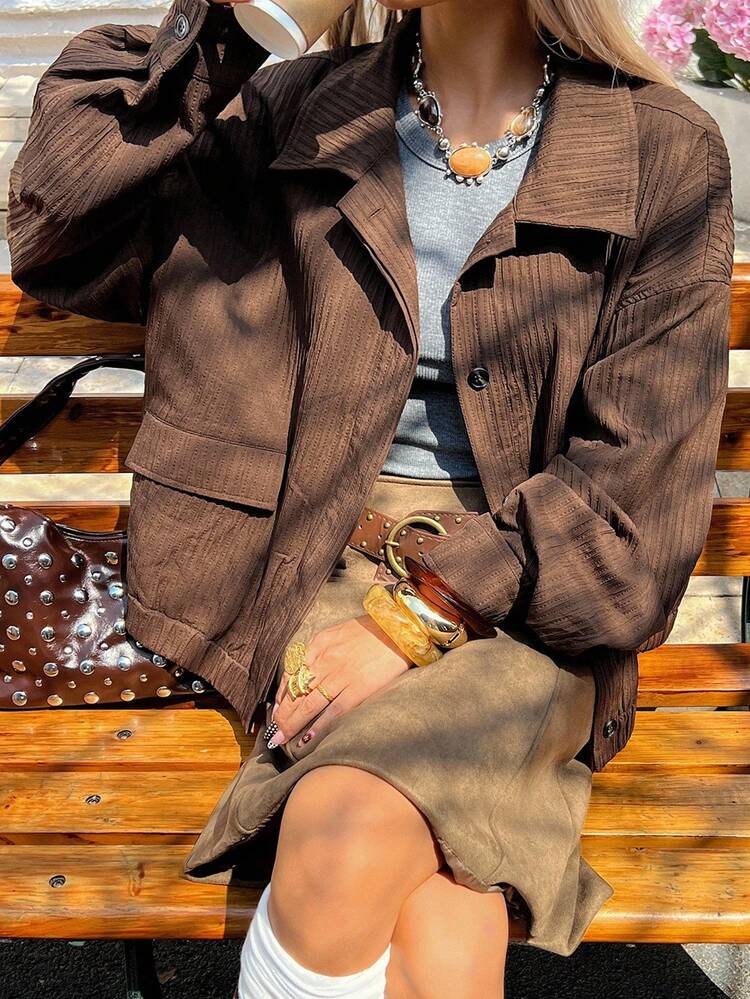 Women's Textured Fabric Lapel Collar Loose Casual Jacket