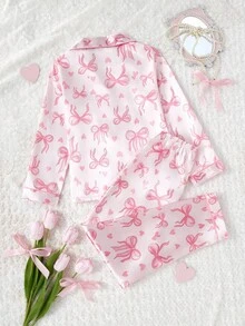 2pcs/Set Girls Cute Bow Print Lapel Cardigan & Casual Pants Comfortable Pajamas Set - Pink - View 2