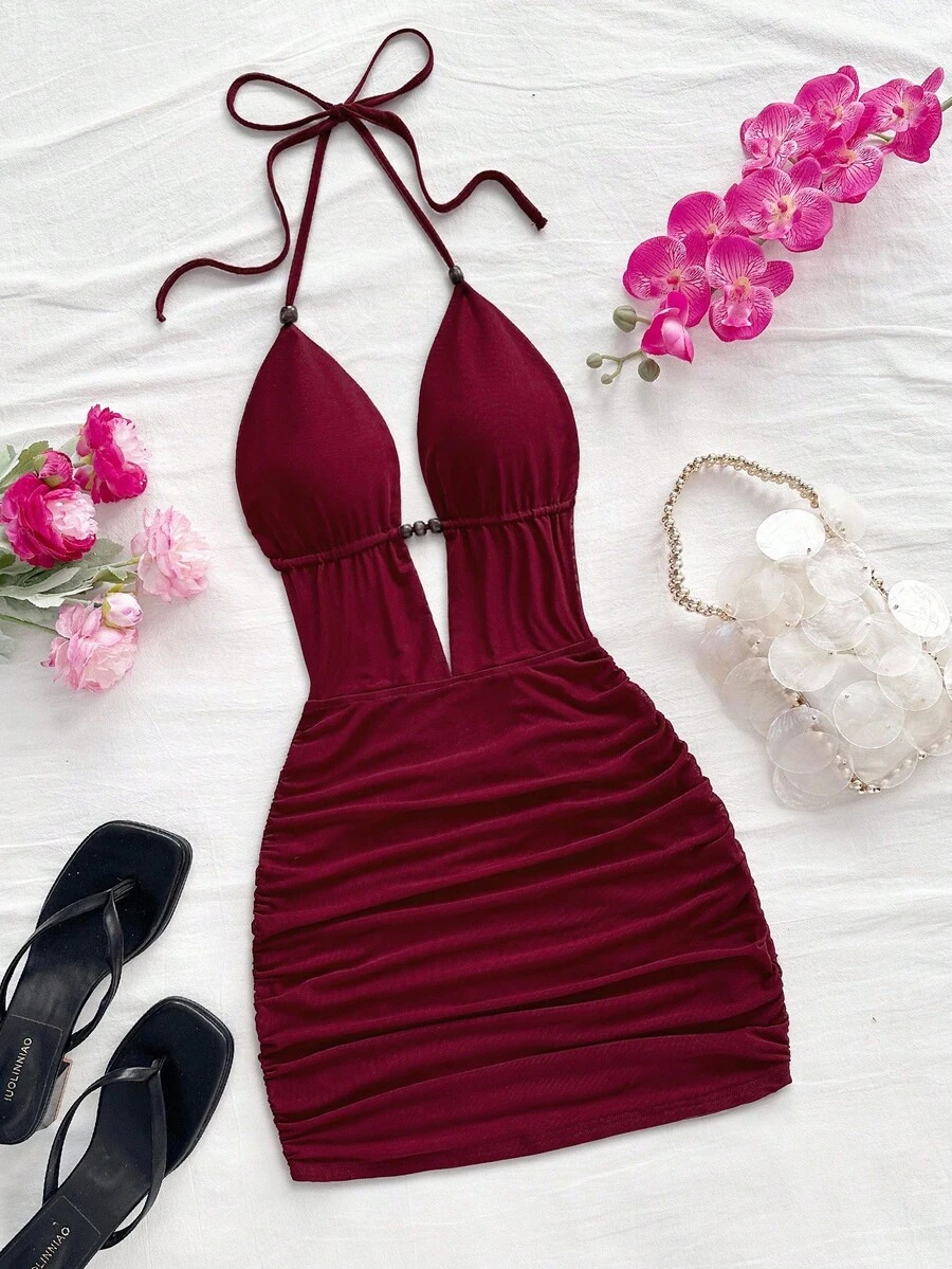 Soleia Váy ngắn hở lưng buộc dây cổ chữ V sâu gợi cảm dành cho nữ, dáng ôm sát, thích hợp cho tiệc tùng, hẹn hò, trà chiều, kỳ nghỉ hè trên bãi biển gợi cảm và thời trang - Màu Đỏ Sâu - Xem 1