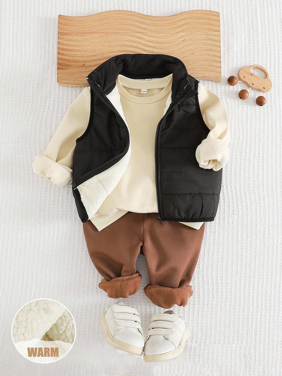 3 件套男婴字母印花柔软针织圆领长袖连帽衫、抽绳裤和无袖背心套装 - 彩色 - 查看 1