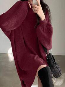 EMERY ROSE 女式纯色高领开衩宽松时尚毛衣裙 - 酒紅色 - 查看 5
