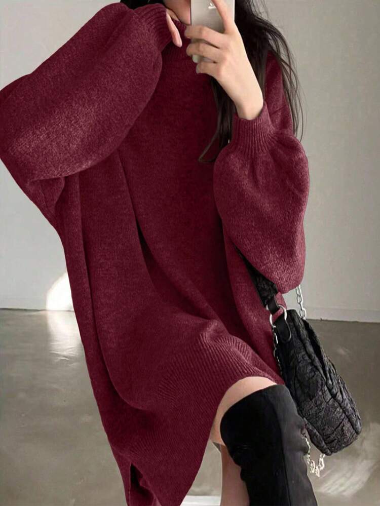 EMERY ROSE 女式纯色高领开衩宽松时尚毛衣裙 - 酒紅色 - 查看 5