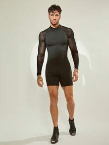 FeverCity Men Mesh Patchwork Sexy Round Neck High Elasticity Long Sleeve Jumpsuit, Fall