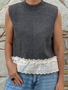 Vivie Lora Women's Stand Collar Fitted Lace Patchwork Knit Sweater Top - Grey - View 2
