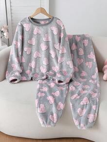 少女心形图案圆领长袖上衣和松紧腰裤睡衣套装 - 彩色 - 查看 4