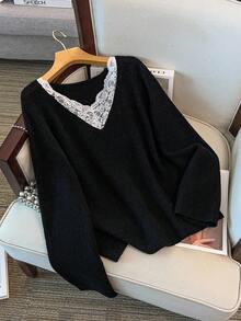 EMERY ROSE New Elegant Lace Trim V-Neck Soft & Versatile Plus Size Women Knit Pullover Top Winter - Black - View 5