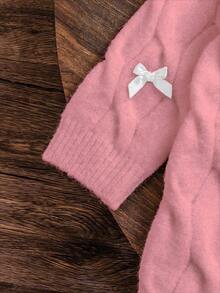 SHEIN Playful Pals فستان كنزة صوفية بناتي جديد عصري متعدد الاستخدامات بشريط ربطة عقدة الفراشة بلون سادة