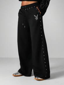 Missguided x Playboy 阔腿抽绳运动裤，饰有水钻兔子标志和金属铆钉侧边细节，休闲高腰阔腿裤，适合秋冬季穿着，时尚街头风。 - 黑色 - 查看 1