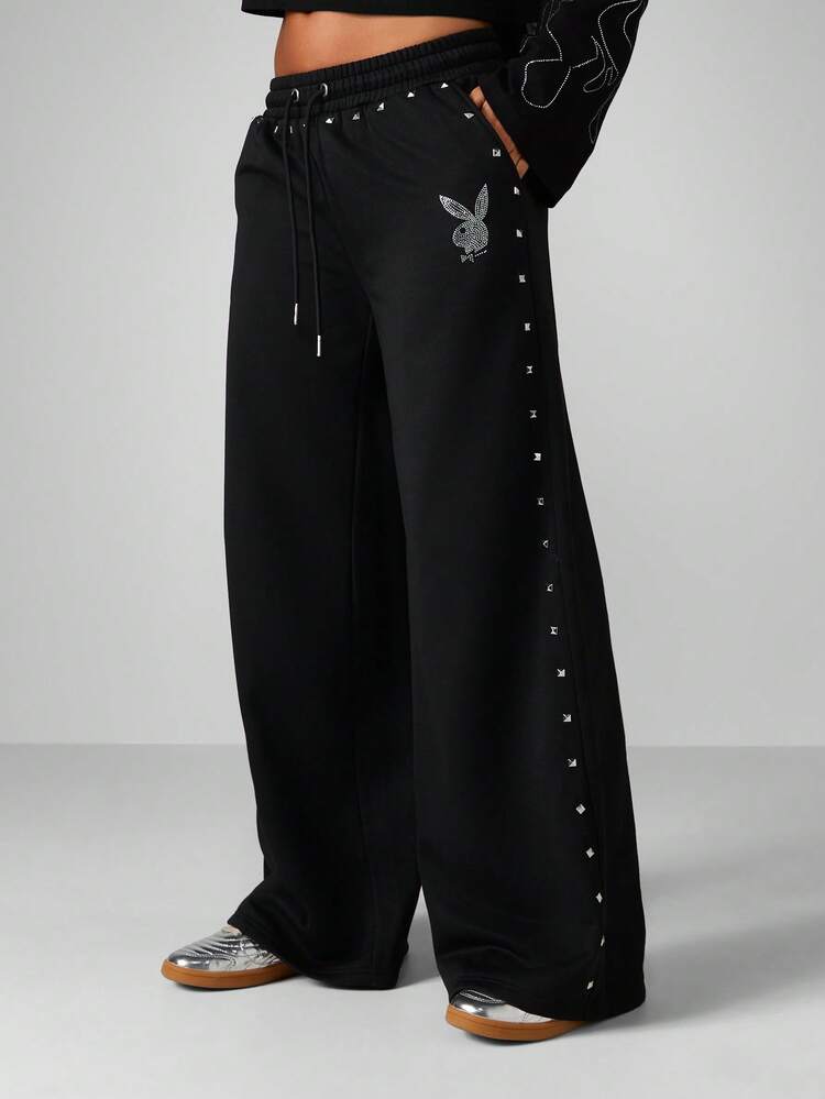 Missguided x Playboy Wide Leg Drawstring Sweatpants With Rhinestone Bunny Logo Metal Studded Side Detail Casual High Rise Fall Winter Palazzo Pants Fashion Streetwear