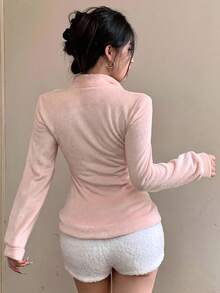 DAZY Women's Fitted Casual Fleece Jacket, Fashion Sporty Sweatshirt Outerwear, Autumn/Winter Women Coats - Pink - View 8