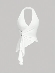 SHEIN MOD 3件套休闲领带金属扣修身不对称下摆吊带上衣，秋季女装，外出上衣，假日女装 - 彩色 - 查看 7