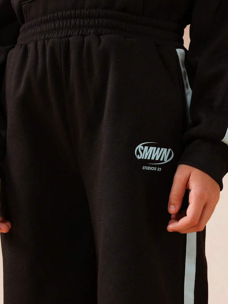 Hooded Pullover And Wide Leg Pants With Logo Print