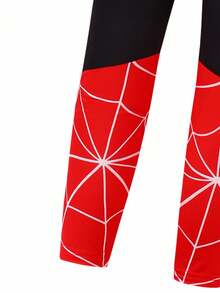 SHEIN 2 件套年轻男孩蜘蛛角色扮演服装，包括短袖连体衣和斗篷，适合角色扮演表演和活动