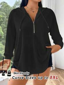 SHEIN CURVE+ Curves Plus Size/Chool Clothes/Back To School Clothes /Back To SchoolPlus Size Pink Half Zip Sweatshirt Pullover Sweatshirt, Suitable For Autumn Plus Size Sweatshirts Women Plus Size Sweatshirts 8xl Women Clothes 6xl Plus Womans Clothes Women Curve Plus Clothing, Fall Clothes For Womenfall Clothes For Women, Winter, CURVE PLUS - Black - View 1