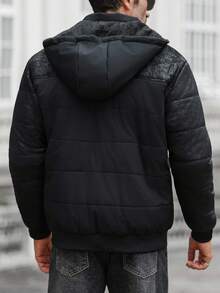 Manfinity CasualCool Thermal Lined Solid Color Pocket Design Hooded Winter Long Sleeve Coat For Men, Black Coat - Black - View 2